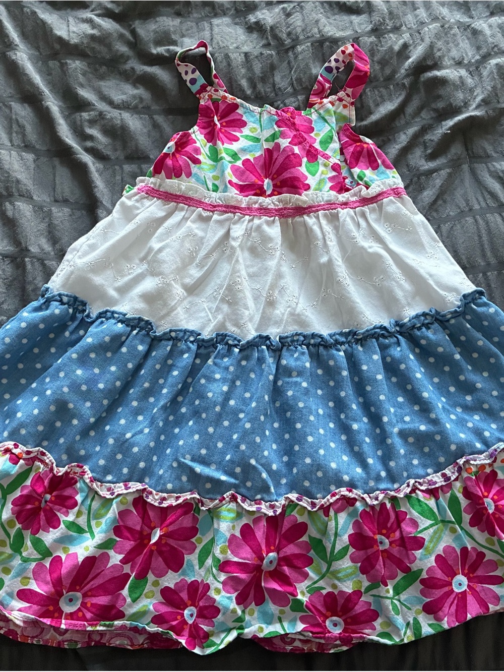 Sweet Heart Rose Pink Floral & Blue Polka Tiered Sundress